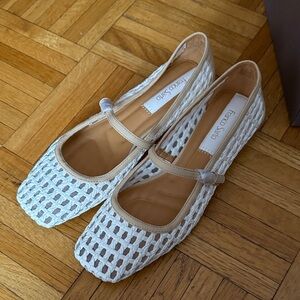 Franco Sarto White and Tan Woven Tinsley Flat